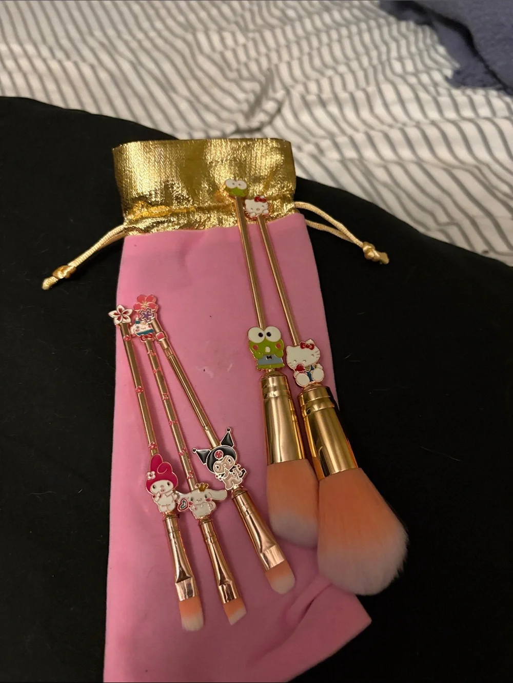 Kids Character Makeup Brush Set with Pink Gold Pouch - Cute Cartoon Handles